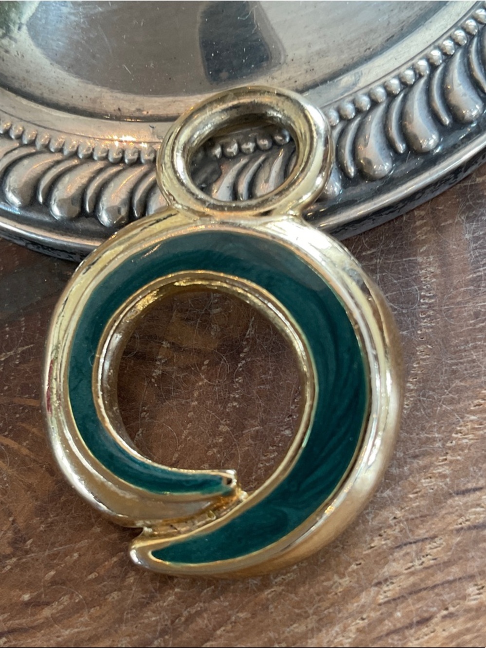 Ernst Gideon Bek Stamped With Butterfly Gold-Tone Green Enamel Circular Pendant